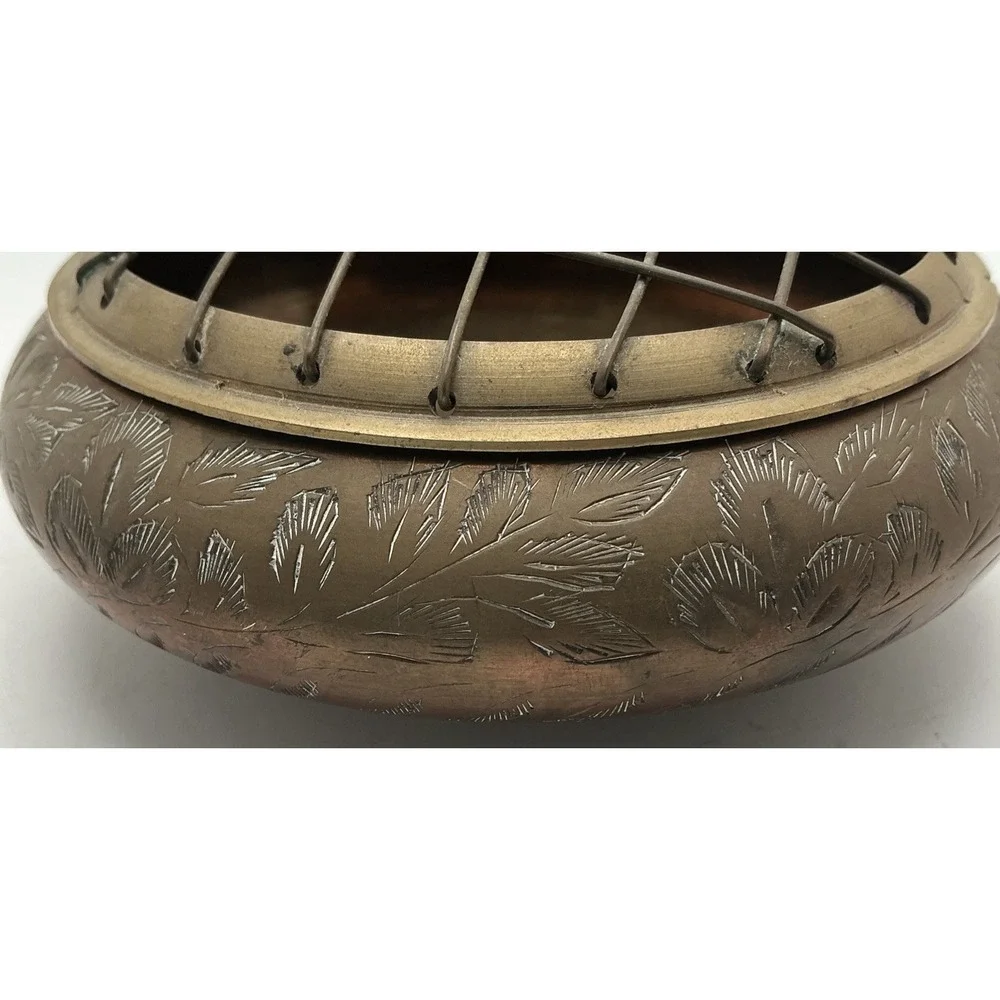Vintage Brass Bowl w/Wire Grid Cover & Wood Spheres,‎ India, Etched Leaves